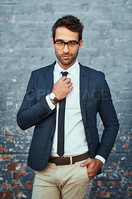 Buy stock photo Businessman, fashion and confident in portrait with formal wear as positive with brick wall. Male person, style and trendy with pride, outdoor and smile in office clothes as real estate agent in USA