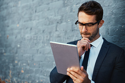 Buy stock photo Tablet, businessman and thinking with ideas, pride and suit as accountant finance agency. Male person, financial consultant and planning for investment opportunity with confidence, tech and gray wall