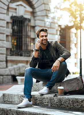 Buy stock photo Phone call, relaxing and man in city for talking, communication and travel on street with outdoor pedestrian. Smile, explore and creative guy with coffee, downtown and urban New York work trip