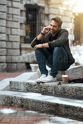 Buy stock photo Phone call, relaxing and man in city for discussion, communication and travel on street with outdoor pedestrian. Smile, explore and creative guy with coffee, downtown and urban New York work trip