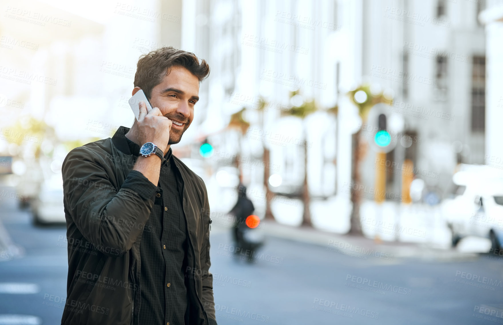 Buy stock photo Phone call, idea and man in city for communication, thinking or travel on street with outdoor pedestrian. Discussion, explore and creative guy with sunglasses, downtown and talking with New York trip