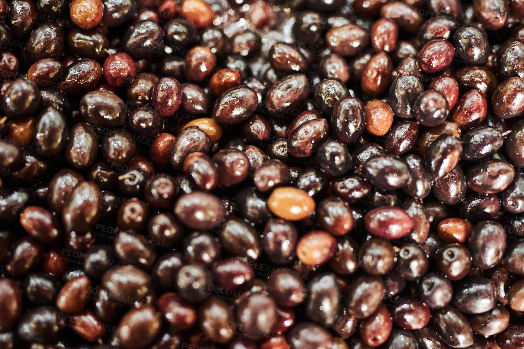 Buy stock photo Shot of numerous amounts of red olives being displayed at a market during the day