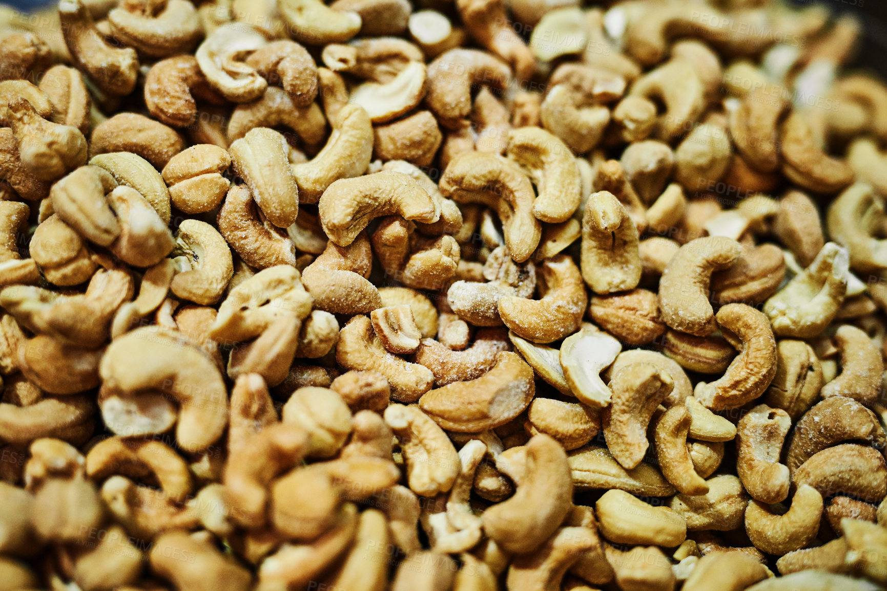 Buy stock photo Nuts, bunch and store with stock for protein, almond snack or healthy nutrition at grocery shop. Top view, closeup or cashew peanuts with organic produce, aisle or merchandise at vendor or wholesaler