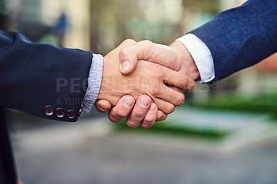 Buy stock photo Business, men and handshake outdoor for partnership, agreement and greeting for offer. Closeup, people and shaking hands for corporate deal with teamwork, merge and collaboration with negotiation