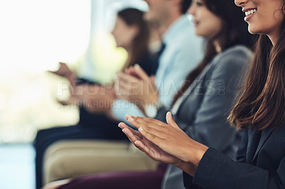 Buy stock photo Cropped shot of a group of businesspeople clapping during a conference in a modern office