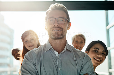 Buy stock photo Happy, management and portrait of business people in office together for collaboration. Diversity, face and leadership with employee team in professional workplace for company mission or group