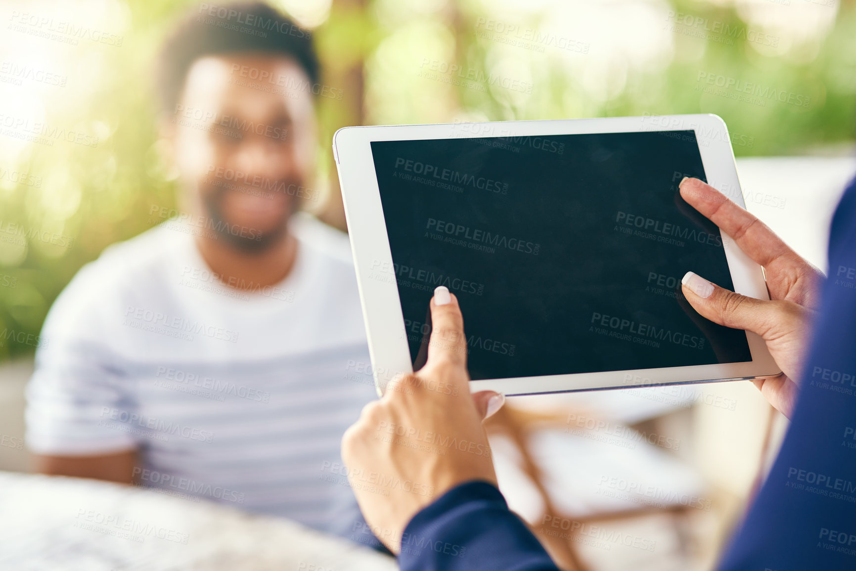 Buy stock photo Hands, tablet screen and business woman scroll in coffee shop for research, check email or budget report. Closeup, digital technology and employee with display for mockup space, advertising or sales