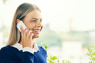 Buy stock photo Phone call, listen and happy business woman with update, negotiation or sustainable deal outdoor. Mobile, communication and talk to contact for chat, creative or park consultant with advice in nature