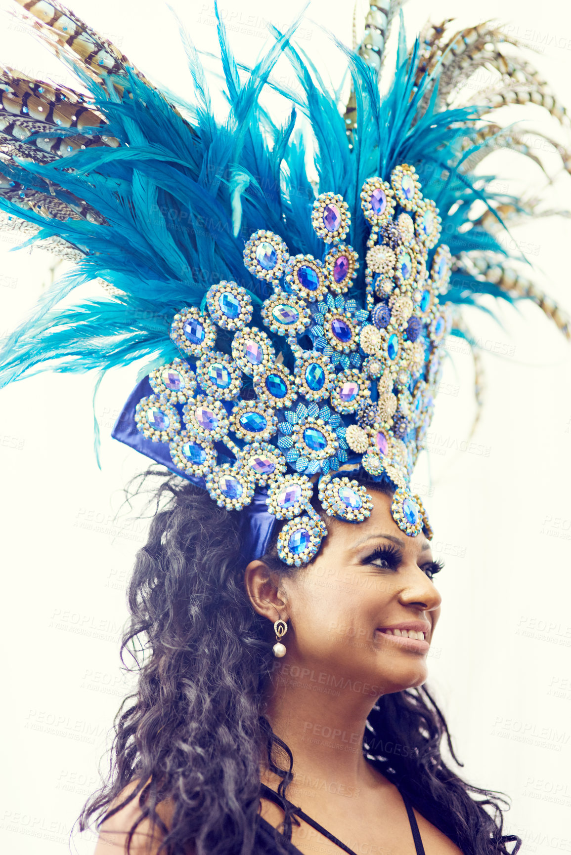 Buy stock photo Samba, music and dance with woman at carnival  for celebration, party and festival in Rio de Janeiro. Summer break, show and creative with brazil girl  for performance, holiday and culture event