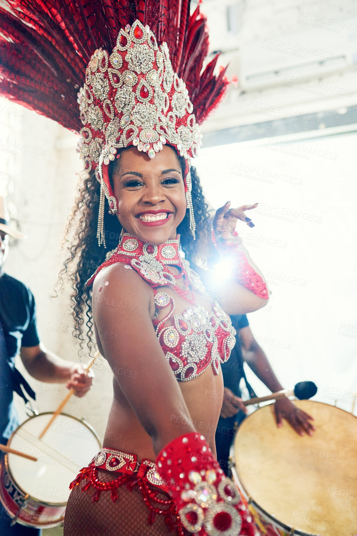 Buy stock photo Samba, music and dance with woman at carnival with drums for celebration, party and festival in Rio de Janeiro. Summer break, show and creative with brazil girl  for performance, holiday and culture