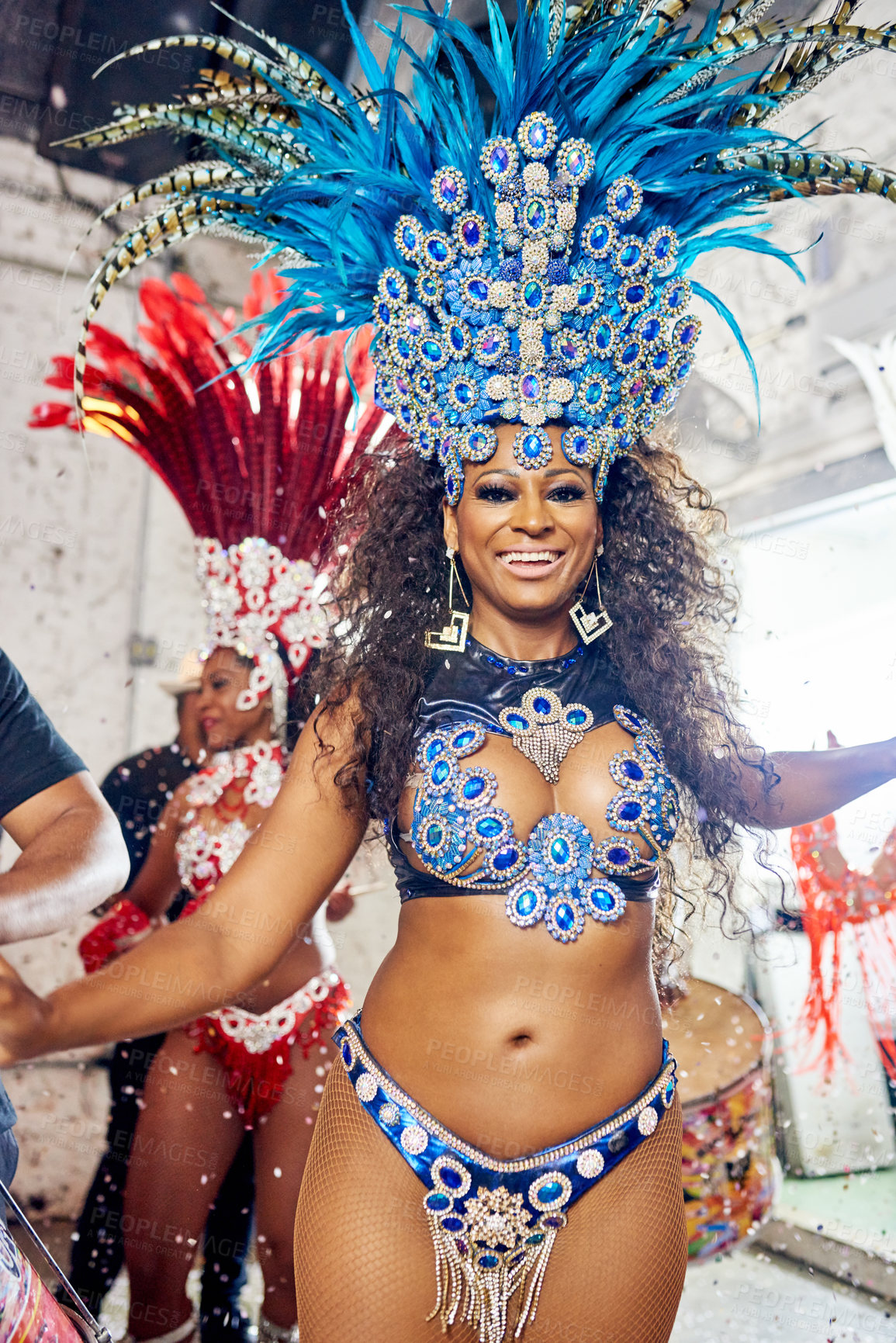 Buy stock photo Brazil festival, dance party and portrait for music carnival celebration, samba dancer performance or happy black woman in rio de janeiro. Celebrate new years, salsa dancing and artist social event