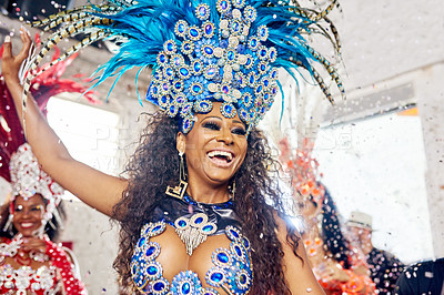 Buy stock photo Samba, music and dance with woman at carnival  for celebration, party and festival in Rio de Janeiro. Summer break, show and creative with brazil girl  for performance, holiday and culture event