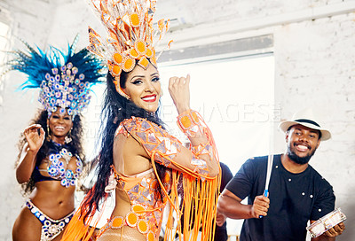 Buy stock photo Samba, music and dance with women at carnival for celebration, party and festival in Rio de Janeiro. New year break, show and creative with brazil girl for performance, holiday and new year event
