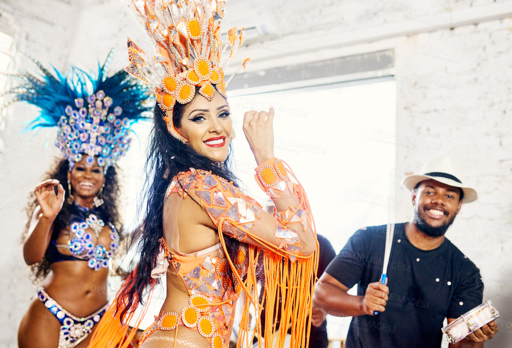 Buy stock photo Samba, music and dance with women at carnival for celebration, party and festival in Rio de Janeiro. New year break, show and creative with brazil girl for performance, holiday and new year event
