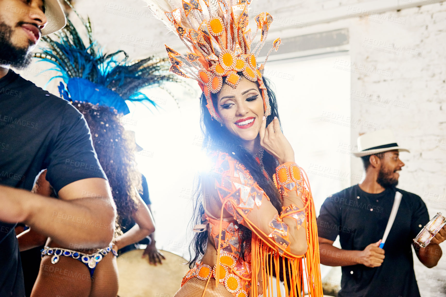 Buy stock photo Carnival, Brazil festival and samba dancer in costume ready for party, celebration and dancing in Rio De Janeiro. Culture, traditional event and woman with band for performance, show and concert