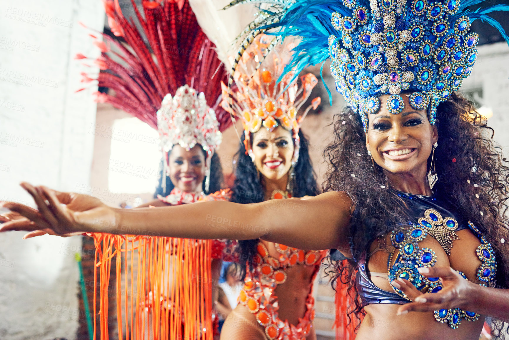 Buy stock photo Brazilian women, group or carnival dancers in performance practice, festival dance or Rio de Janeiro party. Portrait, happy smile or samba girls in fashion clothes, sequence bras or feather headdress