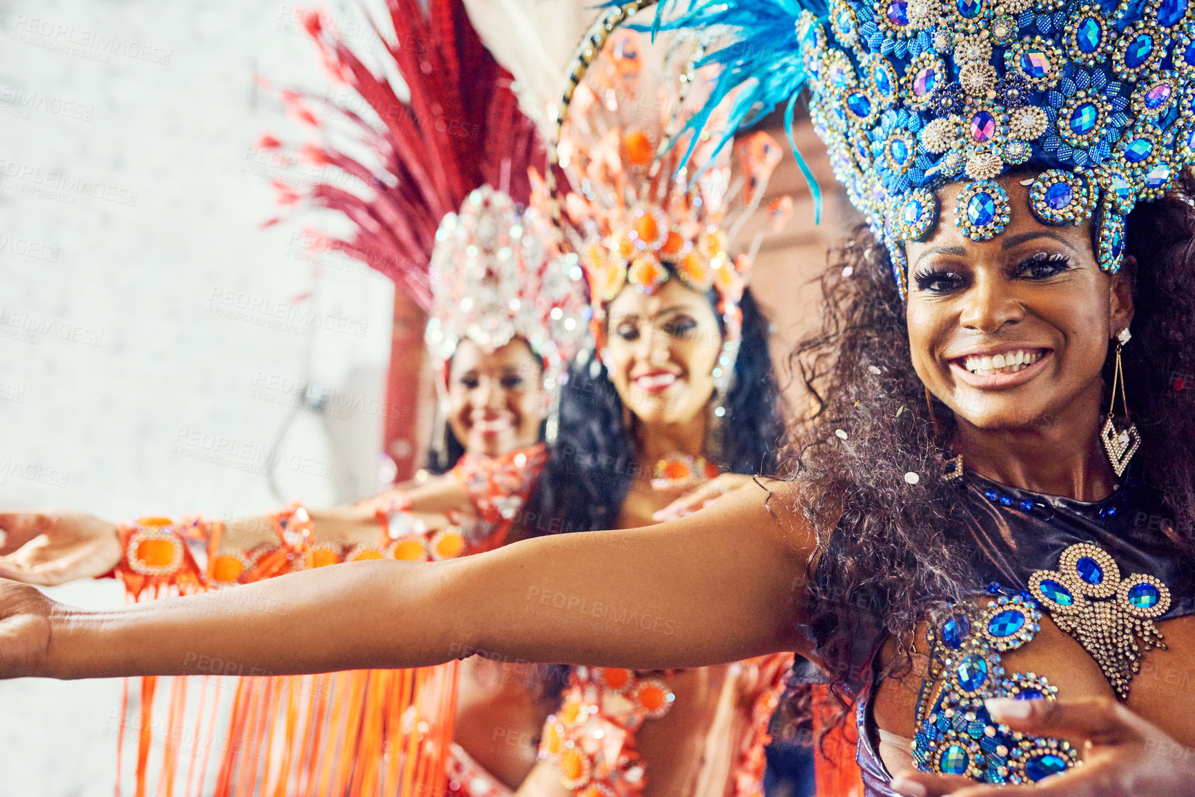 Buy stock photo Brazil, dance and carnival with a woman group at a festival during a performance of tradition, culture or heritage. Portrait, event and celebration with female dancers dancing in rio de janeiro