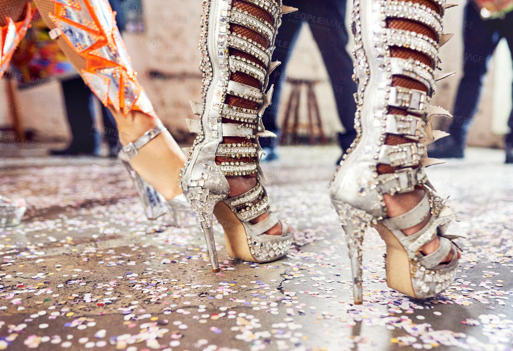 Buy stock photo Cropped shot of an unrecognizable samba dancer’s shoes performing at a carnival
