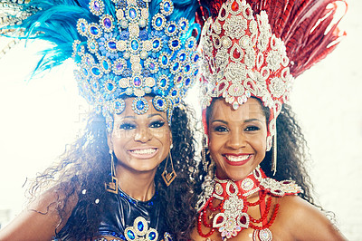 Buy stock photo Festival, carnival and with portrait of women in colourful costumes for dance, party and celebration in rio de janeiro. Culture, salsa and performance with face of girl for music, social and artist