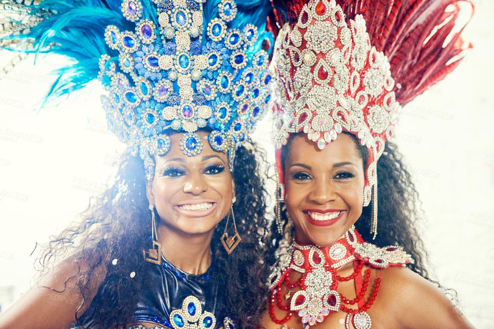 Buy stock photo Festival, carnival and with portrait of women in colourful costumes for dance, party and celebration in rio de janeiro. Culture, salsa and performance with face of girl for music, social and artist