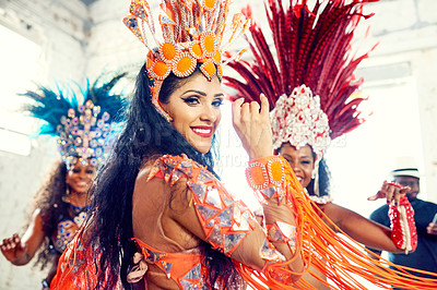 Buy stock photo Party, brazil and carnival with woman dancers together in celebration of the new year in rio de janeiro. Portrait, dance and event with a female and friends dancing to music in festival tradition