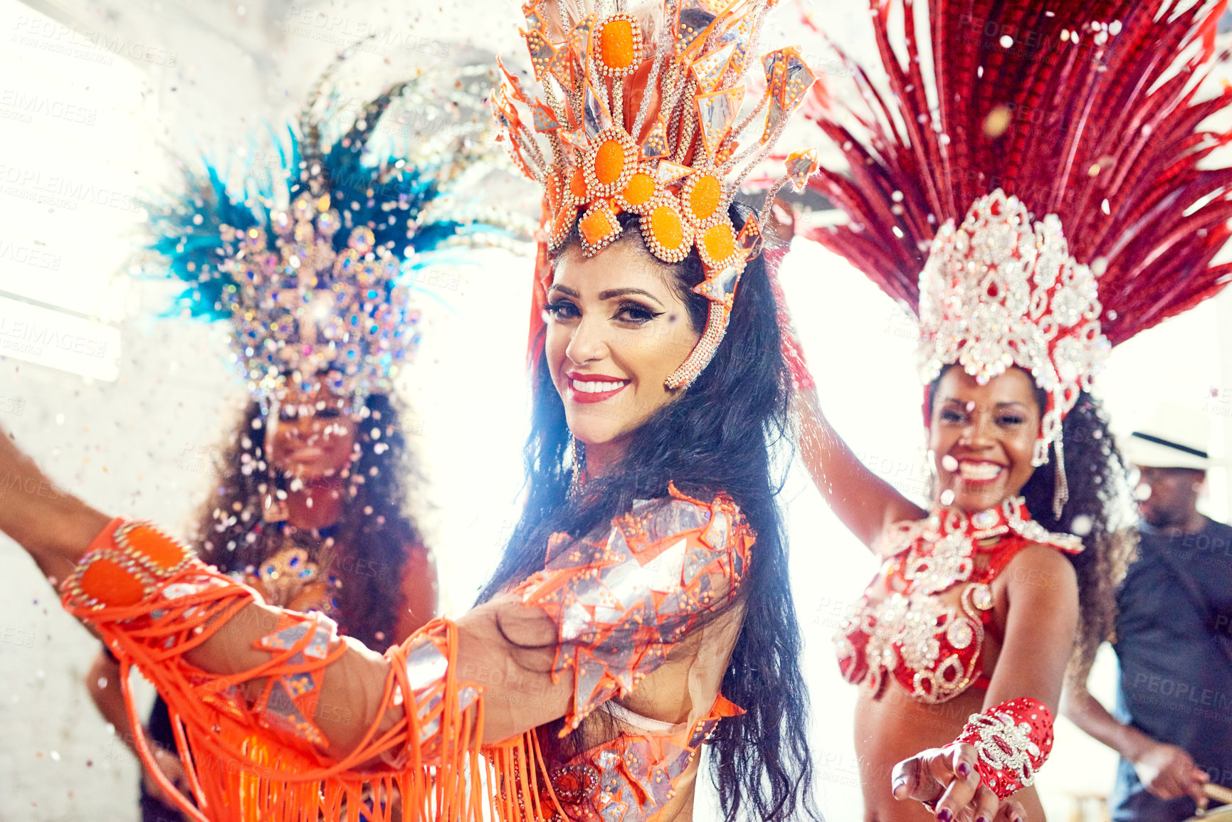 Buy stock photo Women, portrait and dance for carnival, samba and celebration with performance, party and music. Dancer, happy and event for culture or festival with traditional costume at concert in rio de janeiro