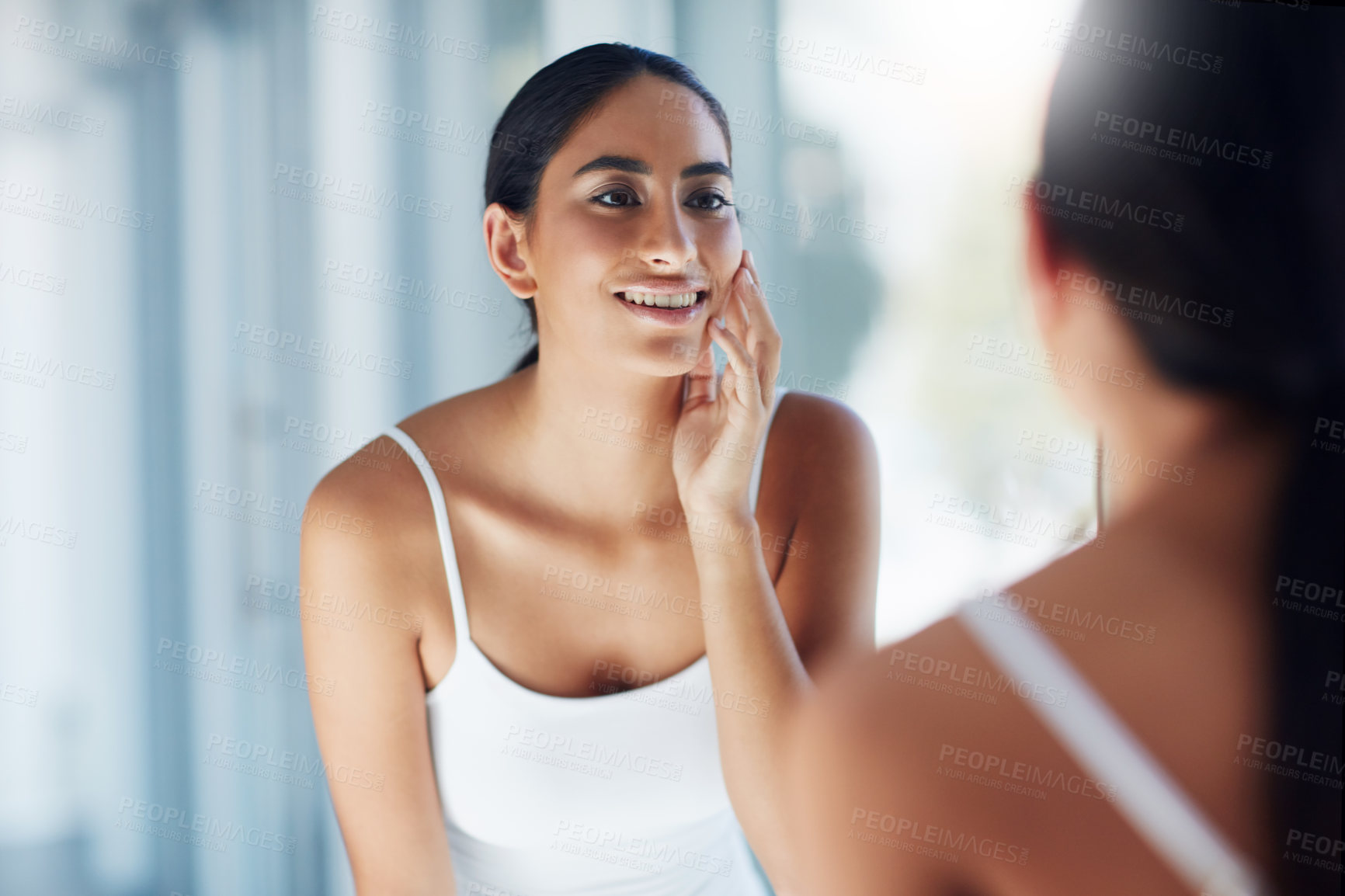 Buy stock photo Woman, mirror and check face in bathroom for skincare, results and touch skin or beauty wellness. Female person, reflection and feel in house for facial texture and dermatology after microneedling