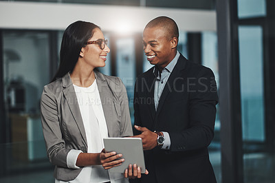 Buy stock photo Business, people and happy in workplace with tablet, teamwork and collaboration on meeting report in online. Professional, schedule planning and email review, internet and social networking.