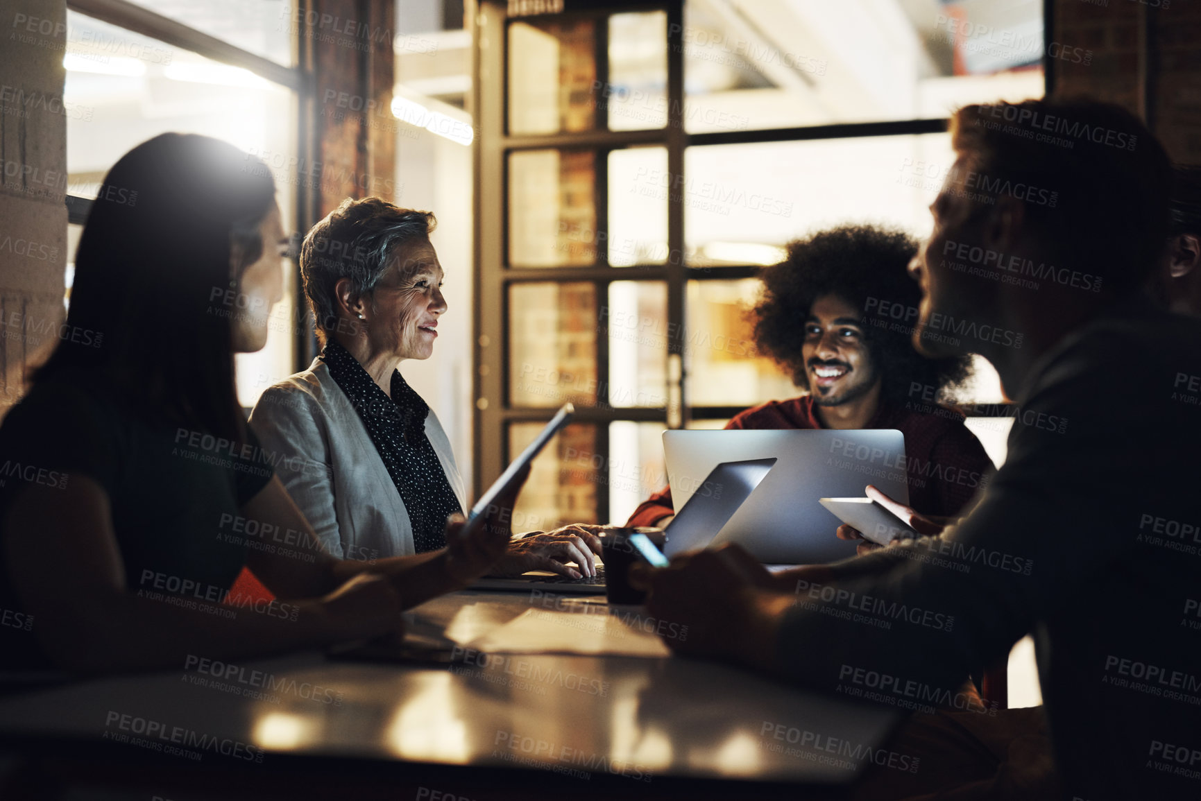 Buy stock photo Executive, smile and dark in office, online and laptop in workspace and teamwork. Workplace, men and women in boardroom, collaboration and happiness for project, research and auditor in business