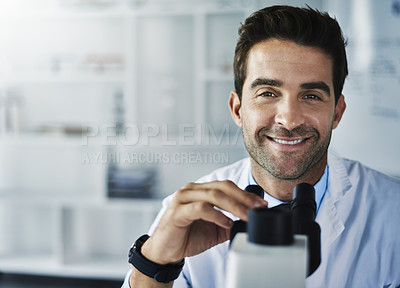 Buy stock photo Man, portrait and scientist in laboratory with microscope for medical research, specimen analysis and scientific study. Biological experiment, happy and nanotechnology for forensic investigation.