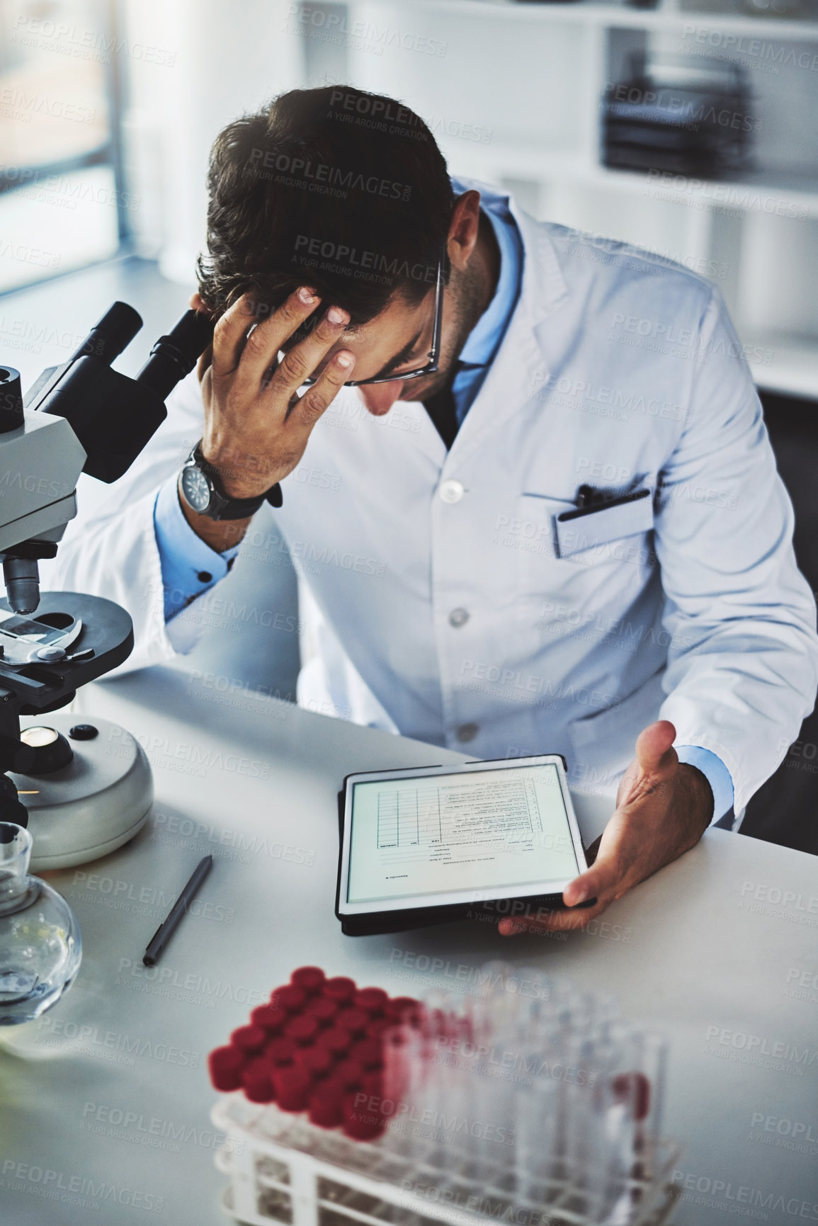 Buy stock photo Man, tablet and headache of stress in laboratory for problem solving, clinical fail and experiment workload with deadline. Male doctor, technology and burnout or worried of medical pressure and tired