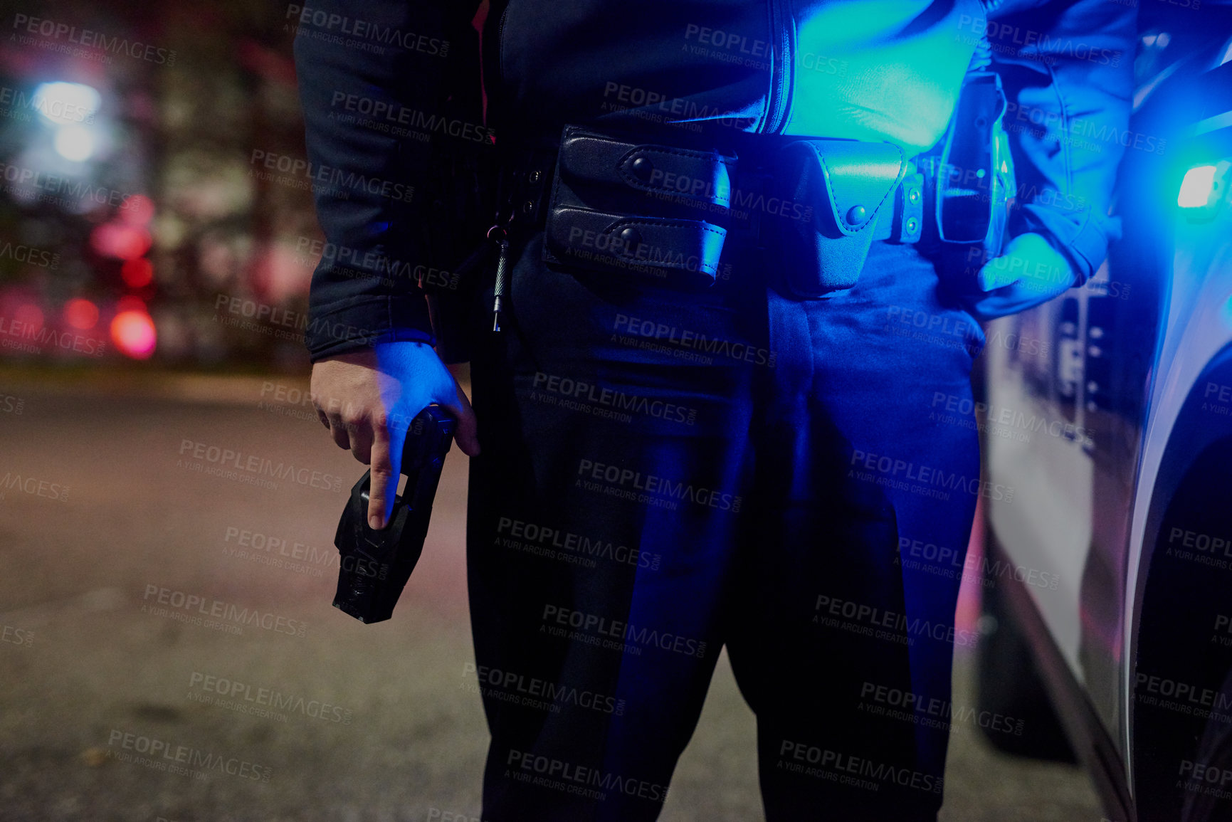 Buy stock photo Police, gun and detective with hand of man at night for crime investigation unit, forensic and law enforcement. Justice, security guard and closeup with person for safety, emergency and surveillance