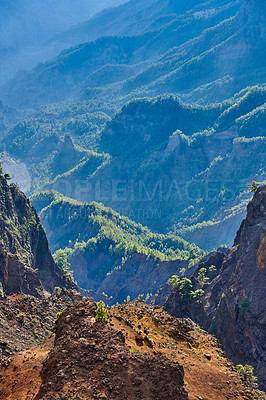 Buy stock photo Nature, landscape and mountain with rocky terrain environment for adventure, conservation or hiking. Roqu de los Muchacos, ecology and outdoor with rugged valley for discovery, exploration or journey