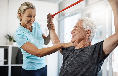 Buy stock photo Physiotherapy, stretching band and senior patient with medical support, help and health care for arthritis. People, doctor or chiropractor consulting elderly client with muscle, shoulder and services