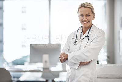 Buy stock photo Doctor, confident and portrait in hospital for healthcare, career path and smile in office space. Mature woman, cardiologist and arms crossed in clinic for friendly service, positivity and trust