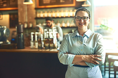 Buy stock photo Crossed arms, happy and portrait of waitress in restaurant with confidence for food industry. Woman, pride and server from London with smile for hospitality career in cafe with professional service.