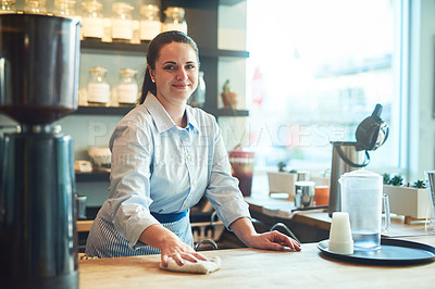 Buy stock photo Portrait of a young woman cleaning a countertop in her cafe