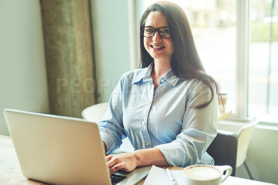 Buy stock photo Woman, laptop and online in cafe portrait, freelance copywriter and research for article. Female person, plan and update information on website for media, coffee shop and internet for remote work