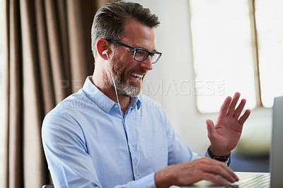 Buy stock photo Business man, wave and video call for remote work in home office with smile, happiness or communication. Mature businessman, typing and happy for greeting, webinar and excited with laptop, web or app