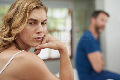Buy stock photo Fight, divorce or couple with anger, conflict or affair with marriage issue, home or ignore. Partners, mature woman or man with frustration, relationship problems or toxic with depression or cheating