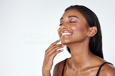 Buy stock photo Woman, skincare and smile in studio for beauty, cosmetics  and manicure with confidence on isolated white background. Model, makeup and happy for dermatology, facial and wellness with mockup space