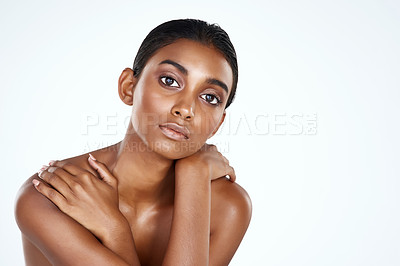 Buy stock photo Portrait, skincare and beauty of Indian woman in studio for body wellness isolated on a white background mockup. Face, cosmetics and serious model in makeup for dermatology, shine or glow for health