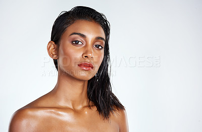 Buy stock photo Portrait, makeup and beauty of Indian woman in studio for wellness isolated on a white background mockup space. Face, cosmetics and skincare of serious model for dermatology, shine or glow for health