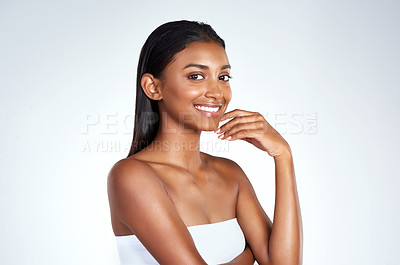 Buy stock photo Woman, skincare and portrait in studio with confidence for beauty, cosmetics and glow on isolated white background. Model, makeup and smile for dermatology, facial and wellness with mockup space