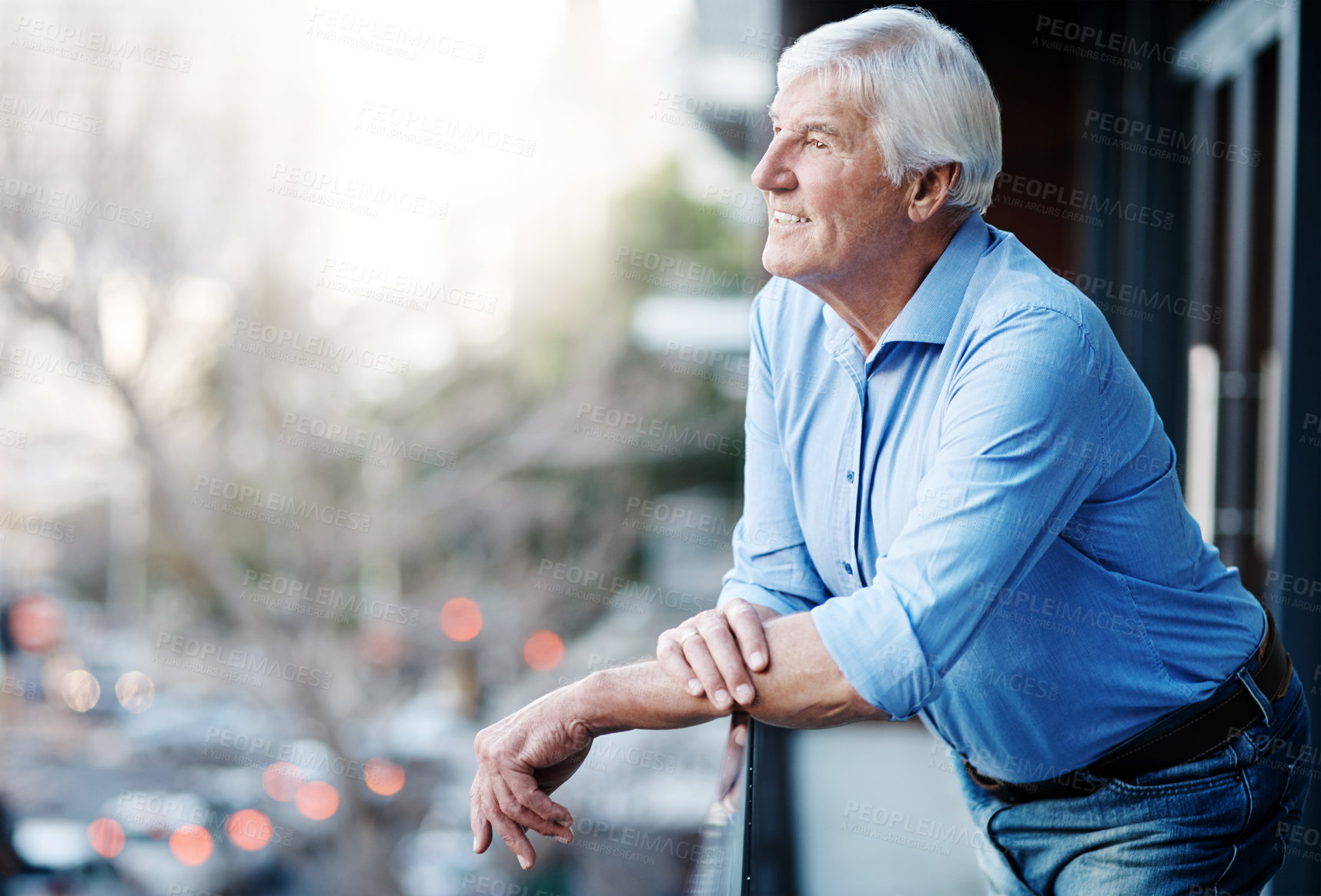 Buy stock photo Cropped shot of a senior businessman outside the office looking at the city