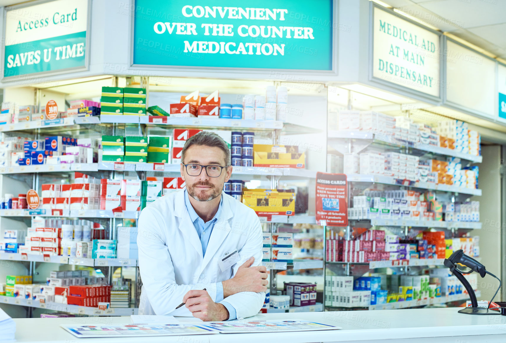 Buy stock photo Pharmacy, medication and portrait of man pharmacist in dispensary checkout counter for pills prescription. Inventory, medical and male medicine dispenser with health insurance information in chemist.