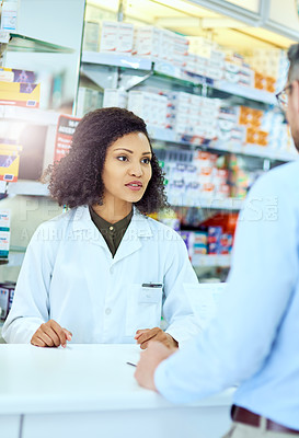 Buy stock photo Woman, pharmacist and visit with customer for consultation, medication or prescription at pharmacy. Female person or medical advisor talking with shopper at counter for pharmaceuticals at dispensary