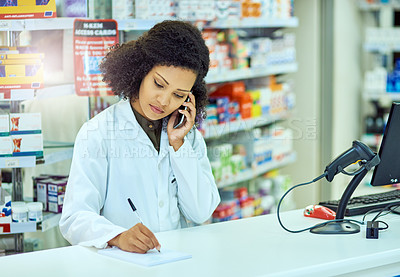 Buy stock photo Medical, pharmacist and woman in healthcare with phone call for telehealth, information and help. Medicine, paper and tech with writing in pharmacy for LB.1 covid vaccine, consultation or appointment