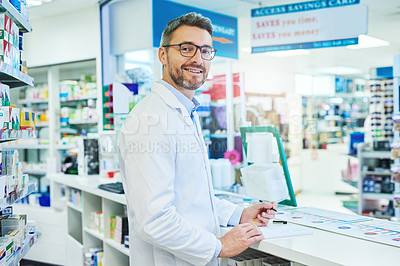 Buy stock photo Pharmacy, pills and portrait with man and invoice for medicine, advice and healthcare search. Medical, insurance and antibiotic prescription with pharmacist for inventory, drugstore and dispensary