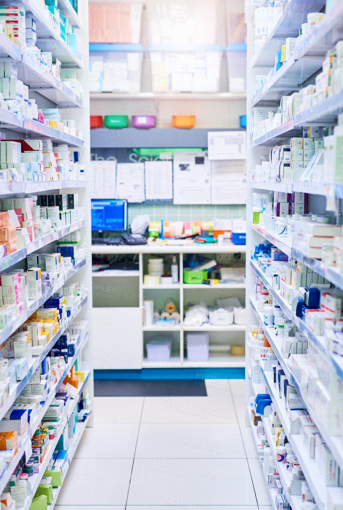 Buy stock photo Pharmacy, shelf and boxes for wellness, empty or pharmaceutical stock for product, health and interior. Shop, store and retail healthcare with storage, choice or sale for pharma, discount and drugs